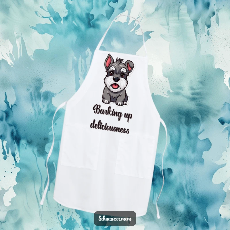 Funny Schnauzer apron featuring a sturdy dog with bushy eyebrows barking happily, perfect for adding humor to kitchen tasks.