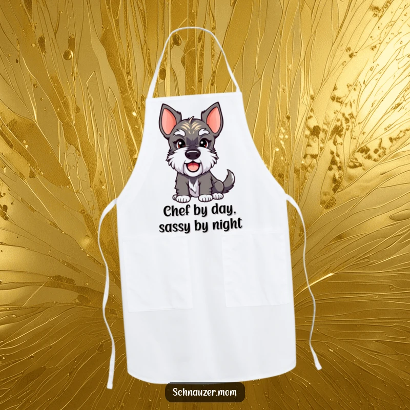 Funny Schnauzer Lady Apron showing a dog with a chef's smirk and a wagging tail, ready for kitchen fun. A great funny gift.