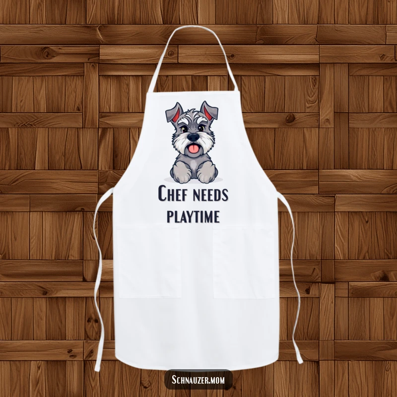 Funny Kawaii Schnauzer apron with paws forward, inviting a game, perfect for kitchen fun and playful cooks.