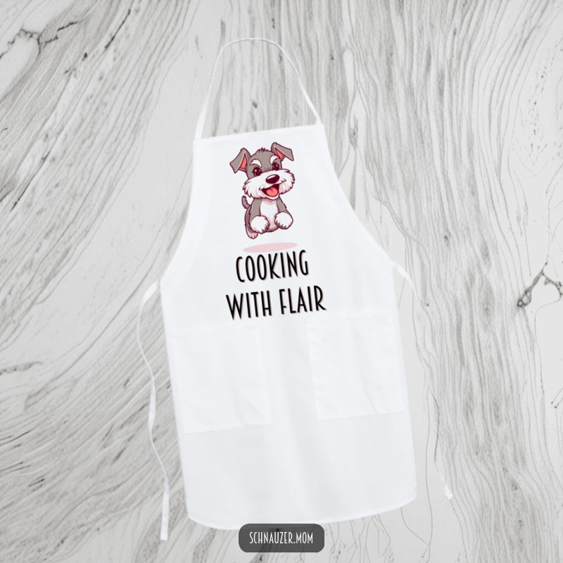 Funny Schnauzer lady apron depicting a dog confidently trotting with a happy expression, bringing joyful humor and practicality to cooking.