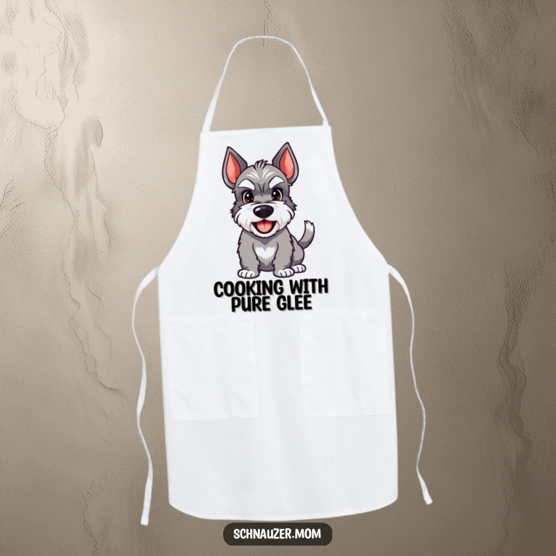 Funny Schnauzer apron with a design of a happy dog with a wagging tail and a wide grin, great for cooking.