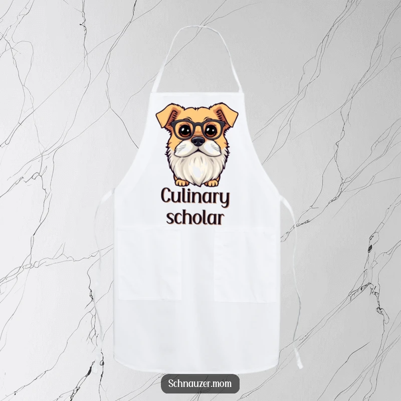 Funny dog with a full beard and tiny spectacles, looking curious. Humorous apron.