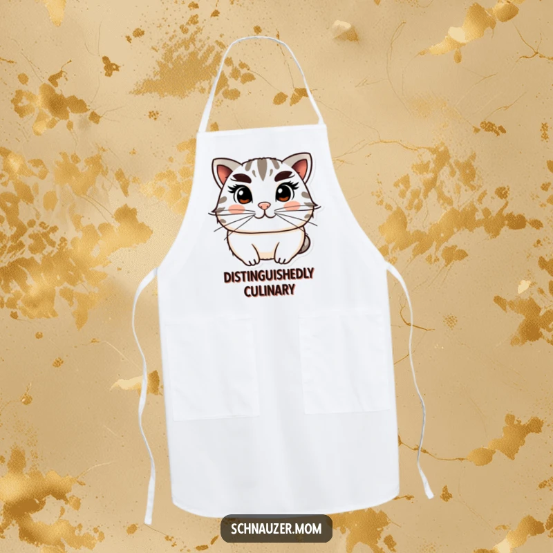 Funny Apron featuring a distinguished character with prominent bushy eyebrows and whiskers, ready to add humor to any kitchen task.