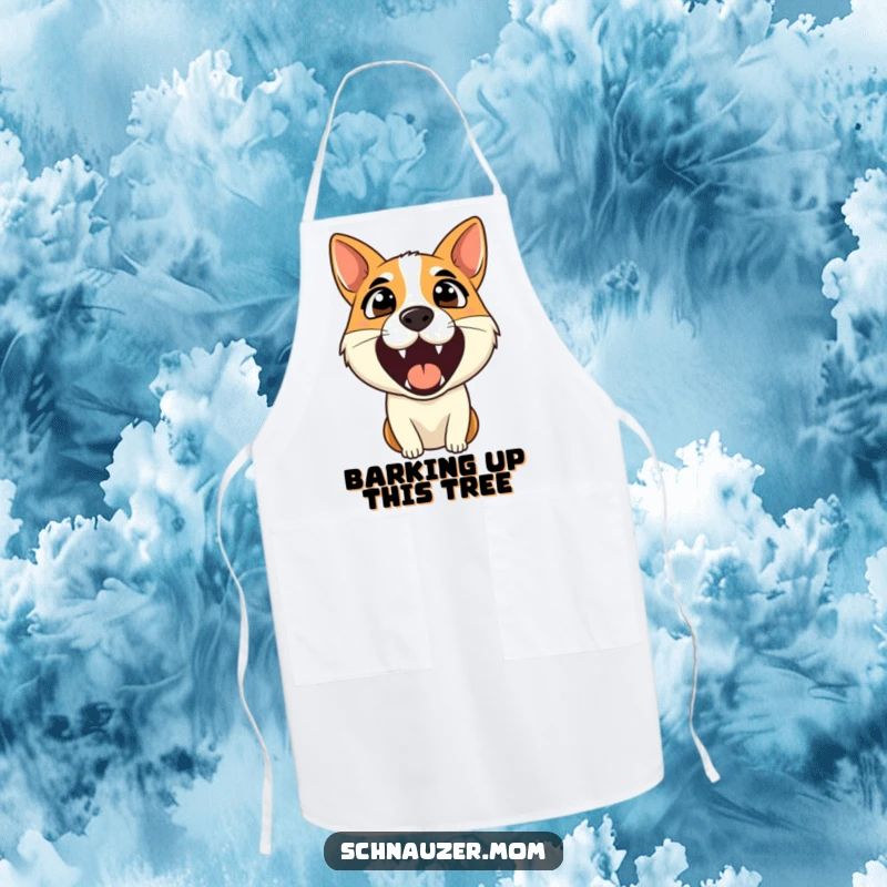 Funny apron featuring an alert dog barking, perfect for kitchen tasks, adding humor and watchfulness.