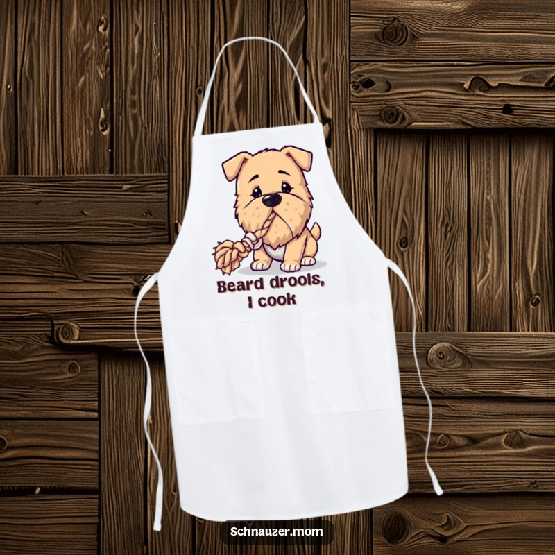 Funny Bearded Dog Apron: A dog with a notable beard playfully tugs on a rope toy, ready for kitchen fun with a smile.