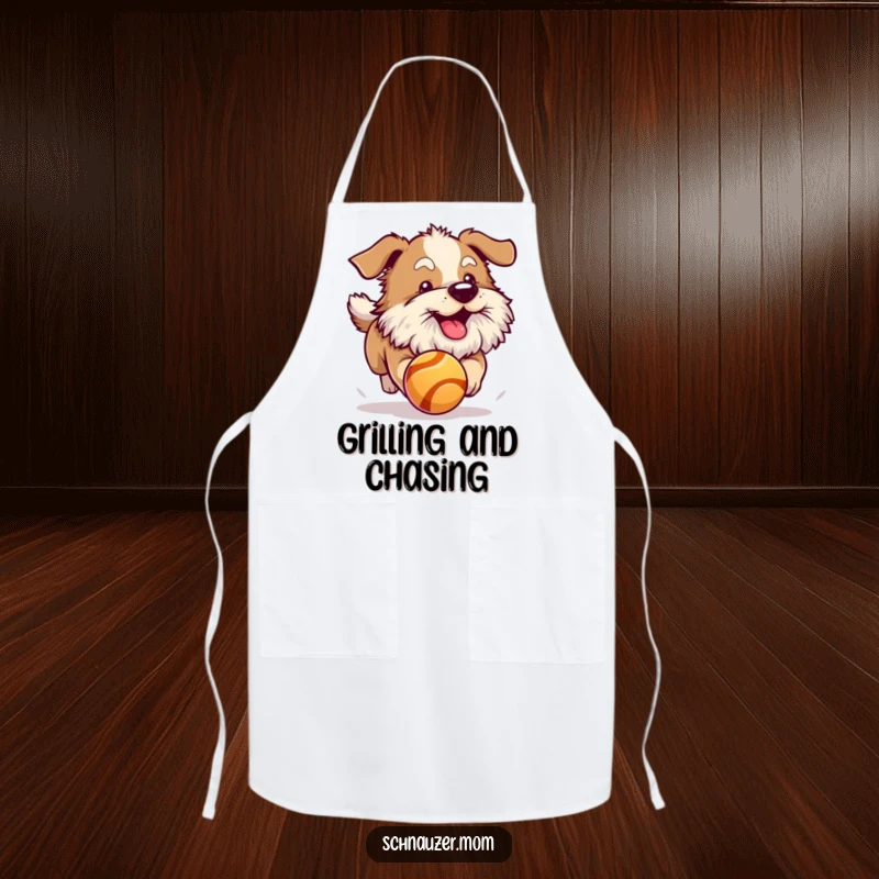 Funny dog with a thick beard excitedly chasing a bouncing ball. Humorous apron.