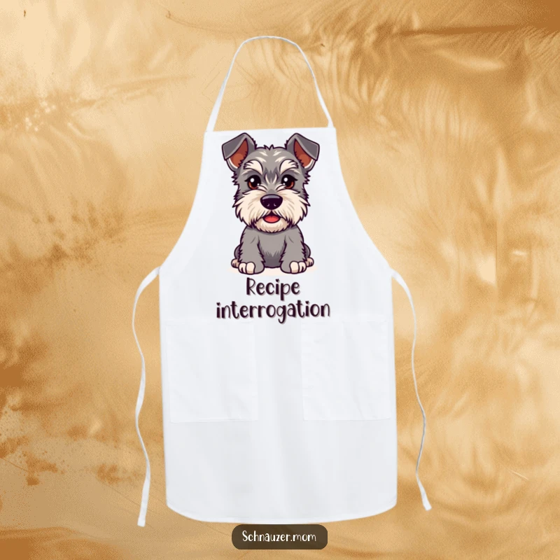 Funny Kawaii Schnauzer apron, a dog with bushy eyebrows furrowed in playful curiosity, acting as a kitchen investigator.