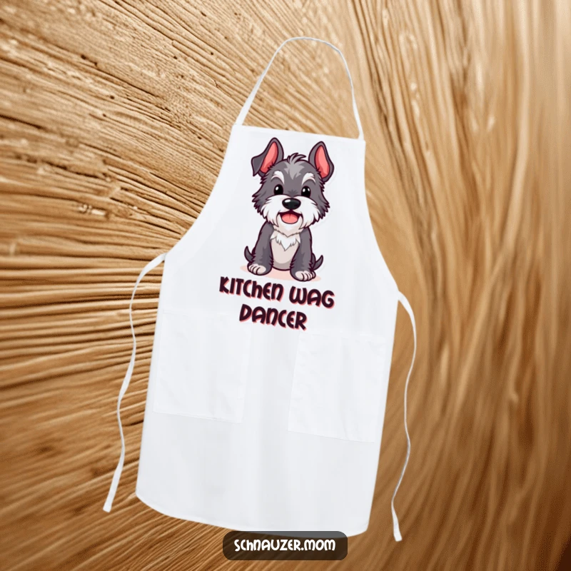 Funny Kawaii Schnauzer apron showing a dog in a comical pose with a cheerful wag, perfect for kitchen fun and happy cooking.