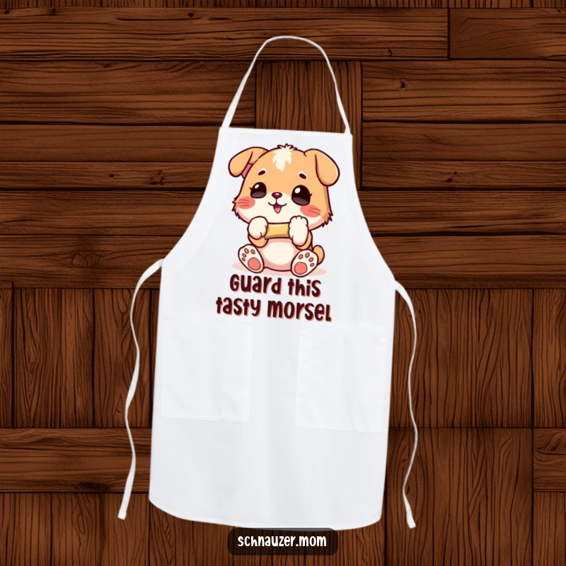 Funny Apron: Character gleefully holding a small bone, perfect for kitchen adventures, bringing humor and protection, a delightful funny gift.