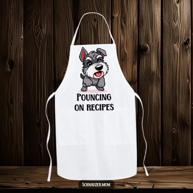 Funny Schnauzer apron featuring an energetic dog in a playful pounce, adding dynamic fun to kitchen activities.
