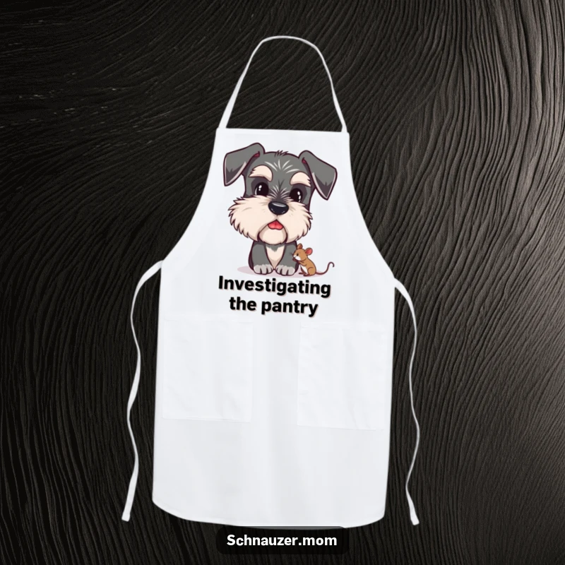 Funny Schnauzer apron with a design of a dog with bushy eyebrows curiously looking at a tiny mouse, ideal for cooking.