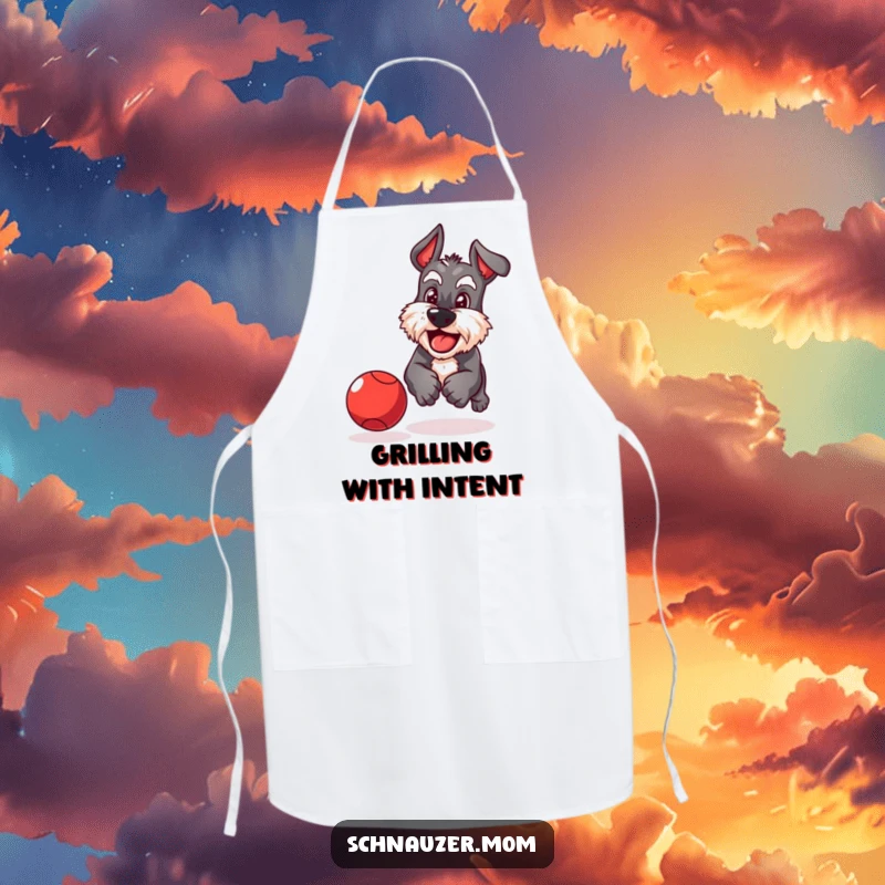 Funny Schnauzer apron featuring a playful dog with a determined grin chasing a bouncing red ball, ideal for kitchen fun.