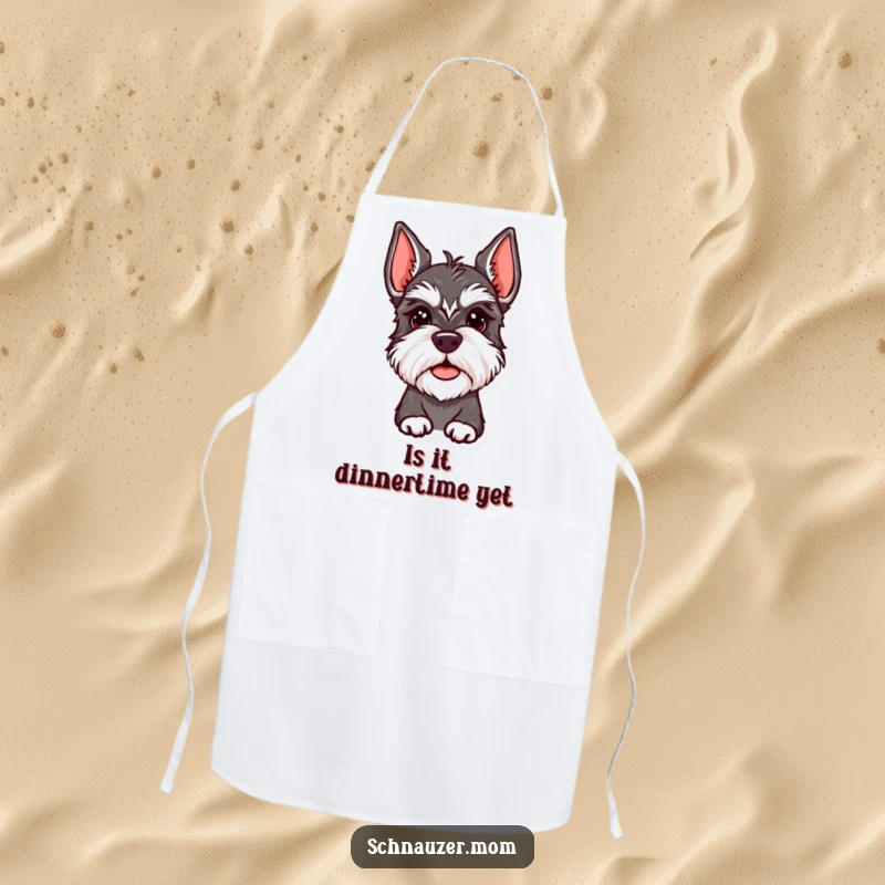 Funny Schnauzer Lady Apron showing a dog with a quizzical head tilt, perhaps pondering the recipe. A funny gift.