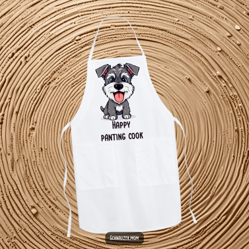 Funny Schnauzer apron featuring a happy dog with its tongue lolling out, panting joyfully, perfect for kitchen fun.