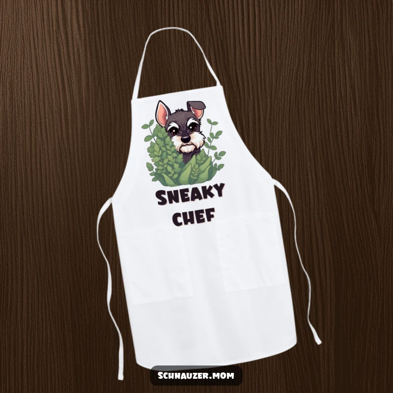Funny Schnauzer apron featuring a dog peeking out from behind a plant with a mischievous glint, perfect for kitchen fun.