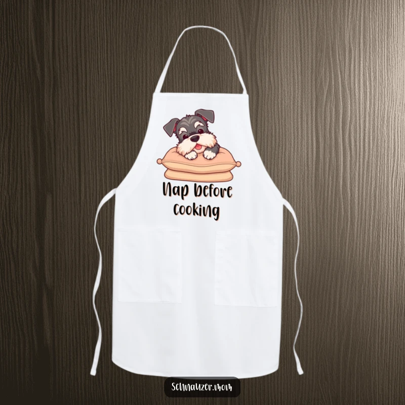 Funny Schnauzer apron sighing contently on a cushion while cooking, a humorous and comfortable accessory for kitchen lovers.