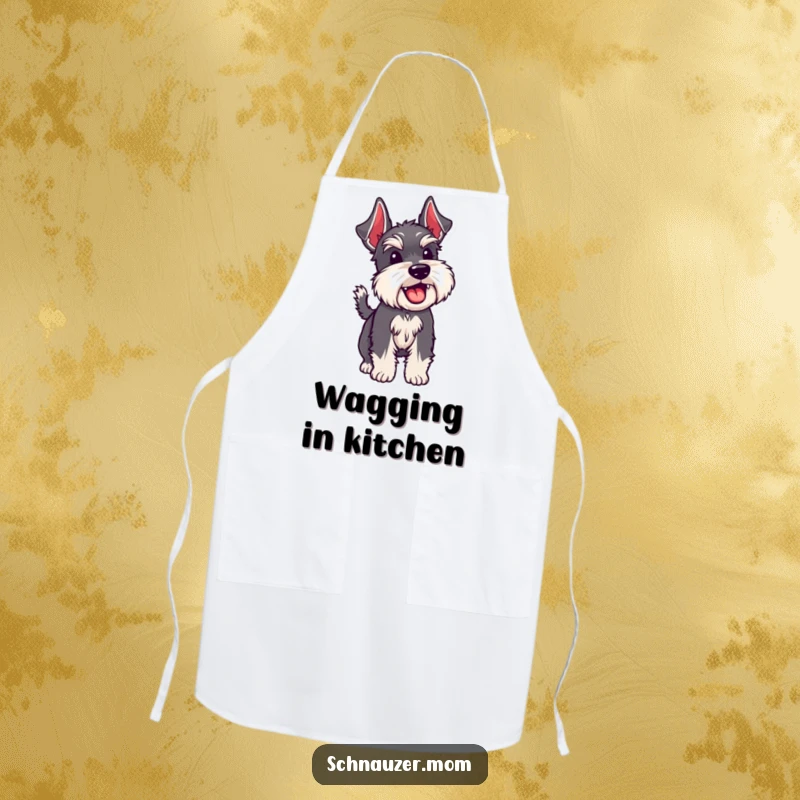 Funny Schnauzer dog wagging its bristly tail, ready for cooking with a happy and energetic expression on an apron.