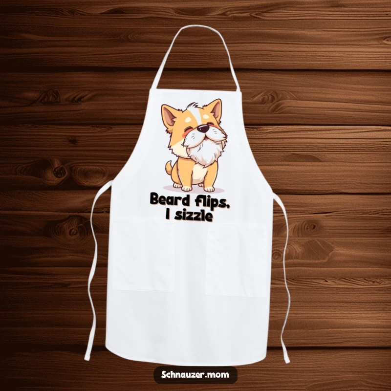 Funny Shaking Dog Apron: A dog shakes its head vigorously, its beard flying, ready for kitchen fun with a comical expression.