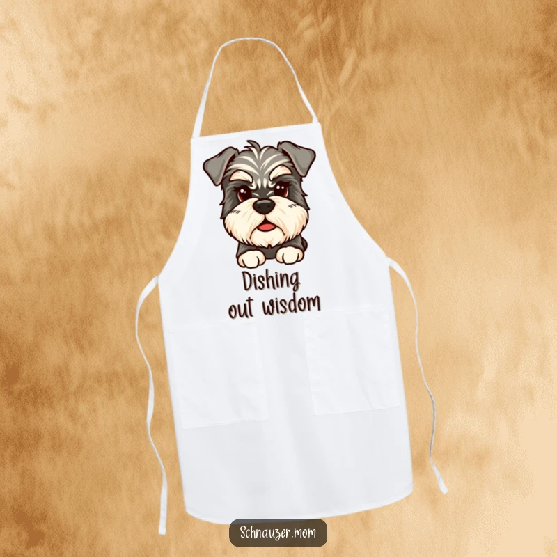 Funny Thoughtful Schnauzer Apron, showing a scruffy Schnauzer with bushy eyebrows deep in thought, perfect for kitchen tasks.