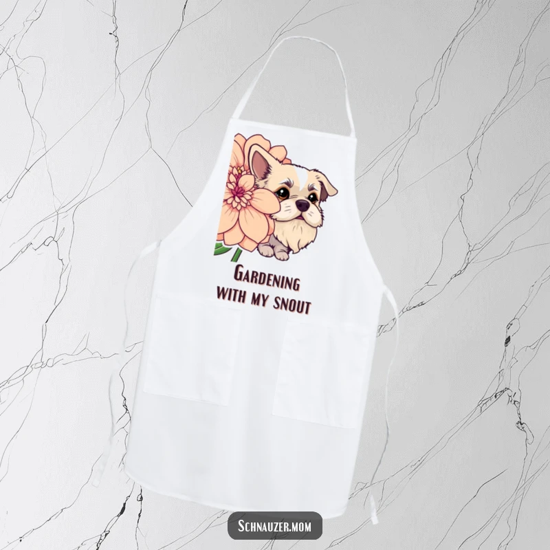 Funny dog with a distinctive beard peeking from behind a large, cheerful flower. Humorous apron.