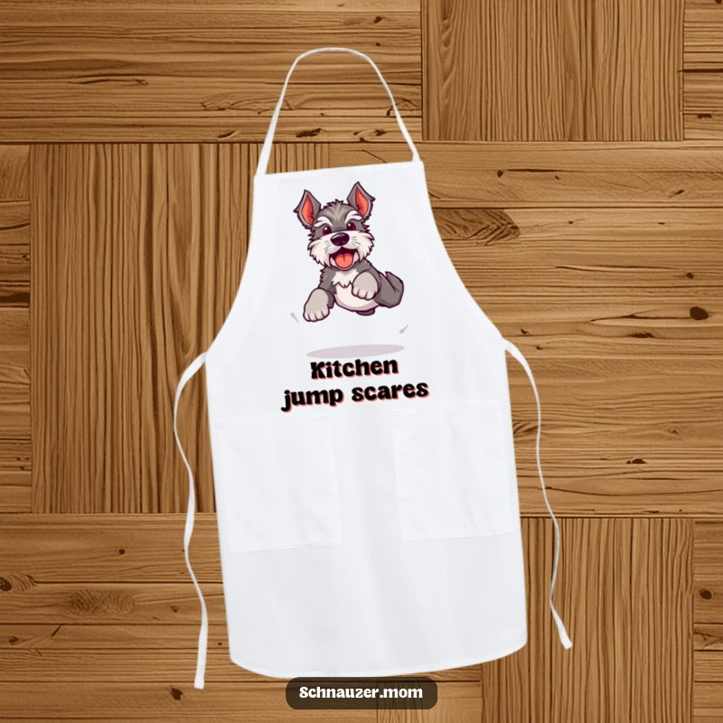 Funny Kawaii Schnauzer apron, a dog doing a bouncy, energetic leap with happy barks, acting as a joyful kitchen assistant.