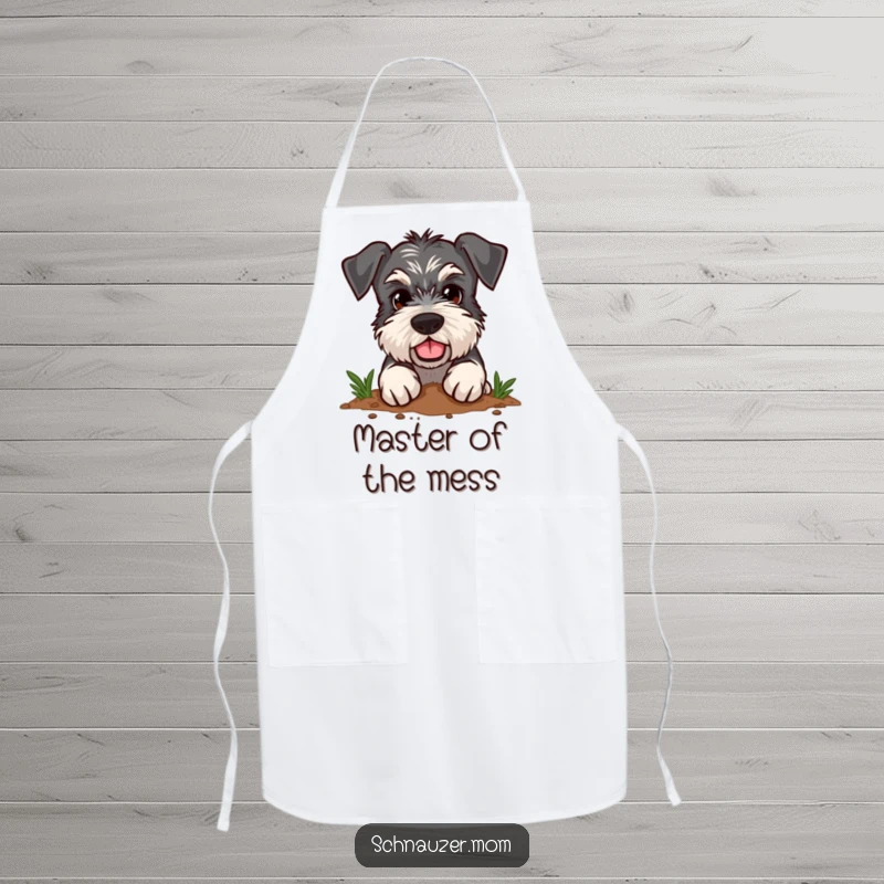 Funny Schnauzer apron with a design of a dog with a determined expression enthusiastically digging in the dirt, great for cooking.