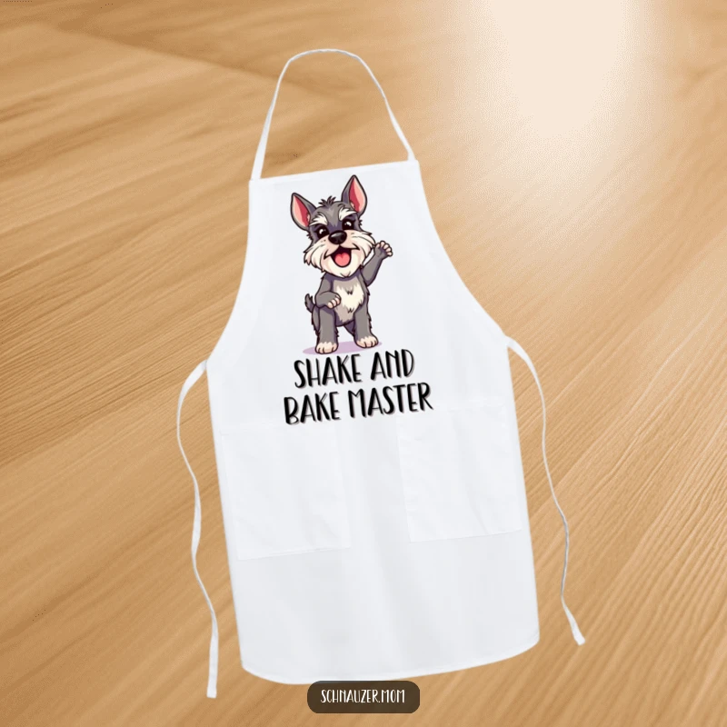 Funny Schnauzer Lady Apron, doing a quick and excited shake with pure enthusiasm, ready for kitchen creations.