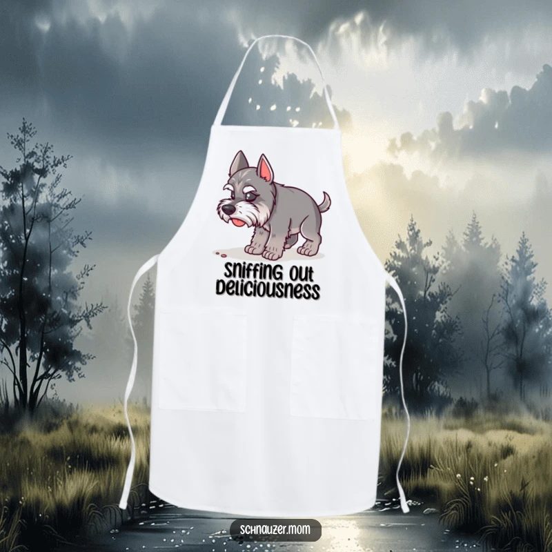 Funny Schnauzer Lady Apron featuring a dog with its nose down, sniffing the ground with intense interest. A funny gift.