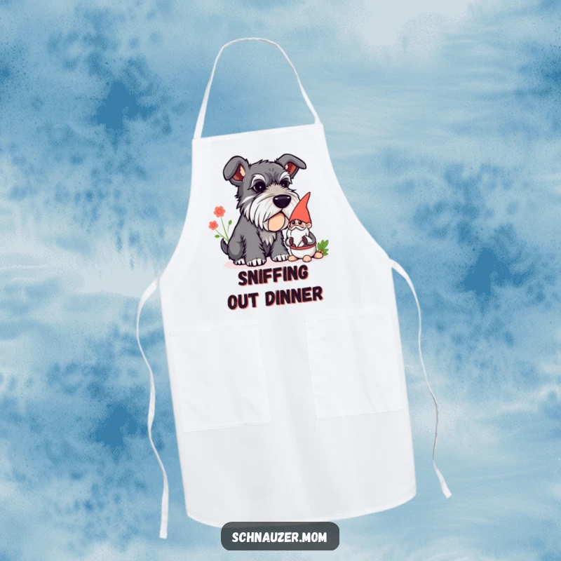 Funny Schnauzer apron featuring a curious dog sniffing a garden gnome, adding whimsical charm to kitchen activities.