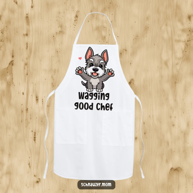 Funny Kawaii Schnauzer apron design with a dog energetically wagging its tail, ready to greet your delicious creations.