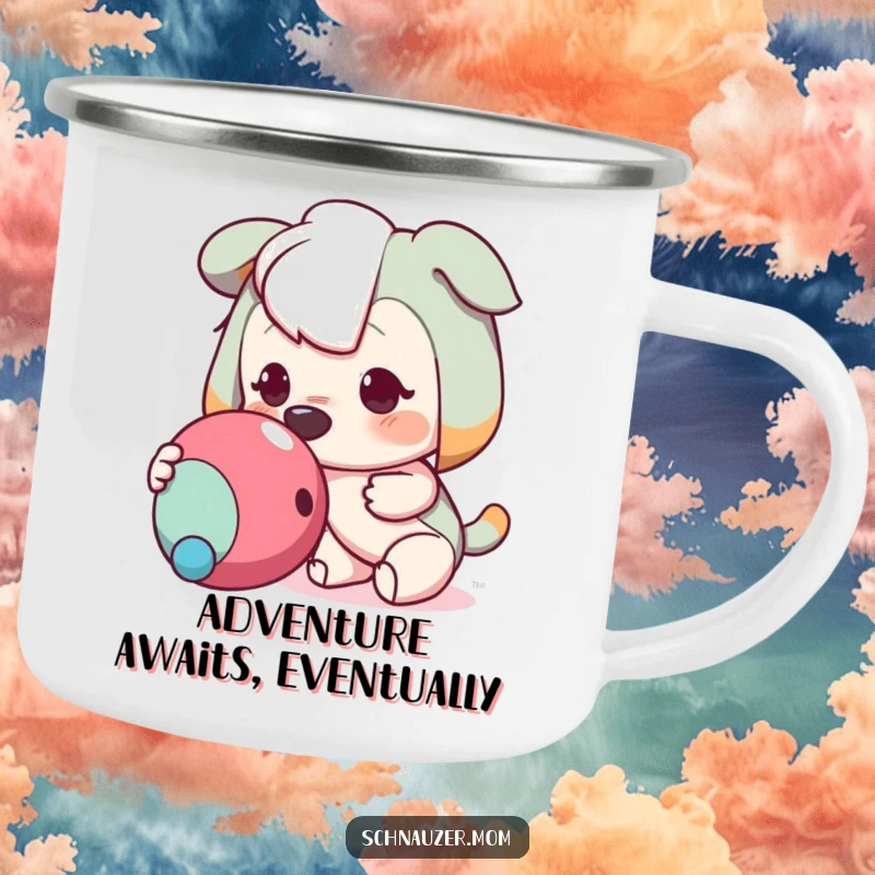 Funny camping mug featuring an eager character nudging a toy, perfect for outdoor adventures and hot drinks, a durable humorous mug.