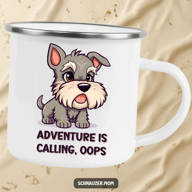 Funny Schnauzer camping mug depicting a mischievous dog character with a sly glint in its eye, ready for escapades.