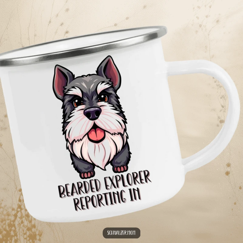 Funny Schnauzer camping mug featuring a proud dog with a distinguished beard, perfect for enjoying drinks during outdoor adventures.