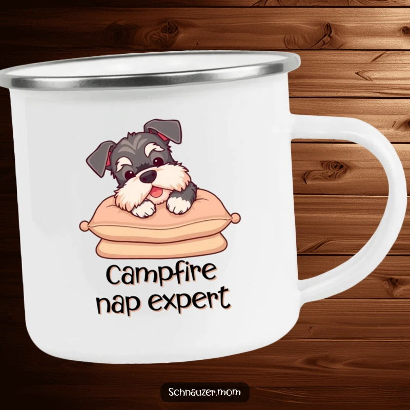 Funny Schnauzer camping mug sighing contently on a cushion, perfect for enjoying beverages outdoors with a relaxed and humorous vibe.