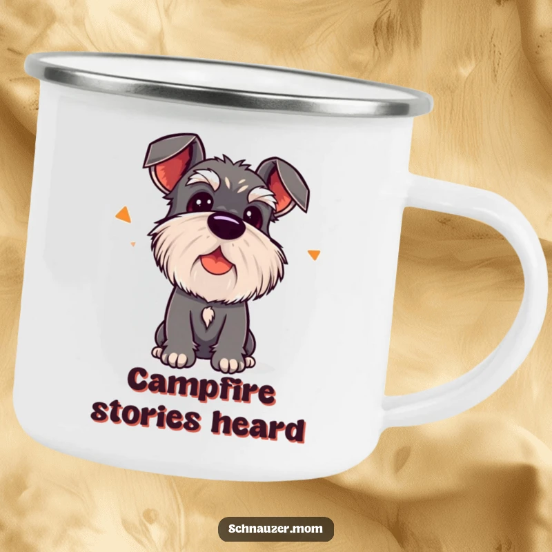 Funny Kawaii Schnauzer Camping Mug, featuring a dog tilting its head to listen, for outdoor enthusiasts.