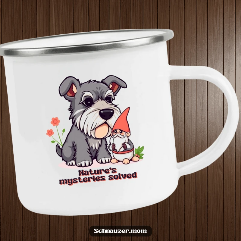 Funny Schnauzer camping mug featuring a curious dog sniffing a garden gnome, perfect for enjoying drinks during outdoor adventures.