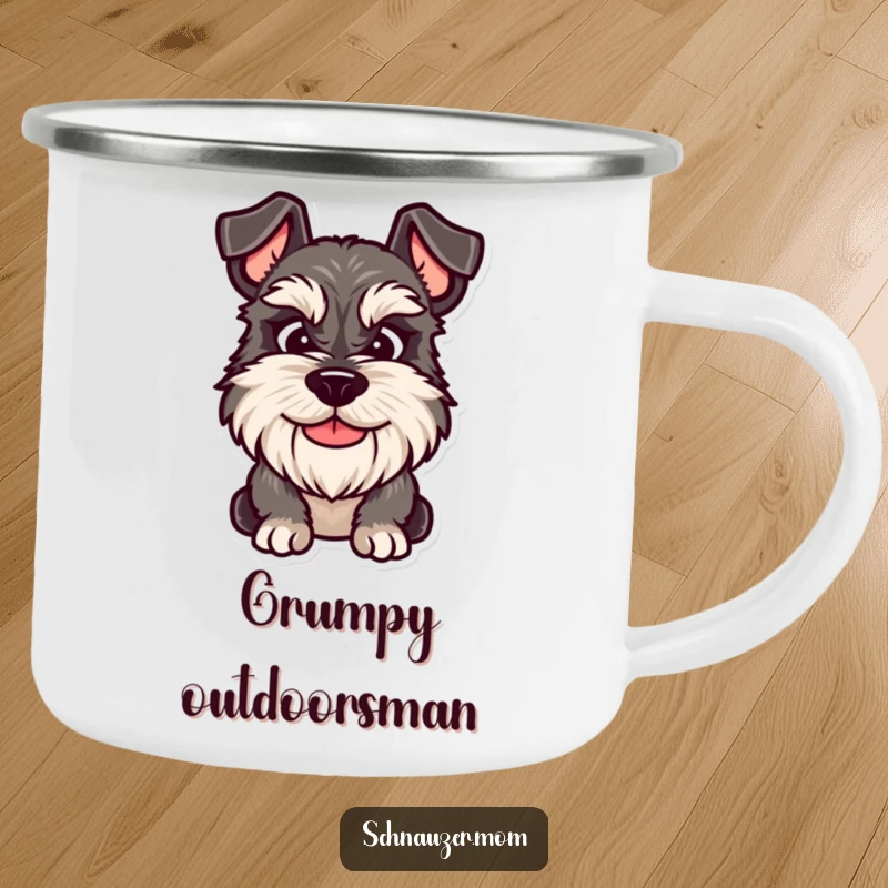 Funny Schnauzer camping mug featuring a dog with a friendly yet grumpy smile, perfect for enjoying drinks during outdoor adventures.