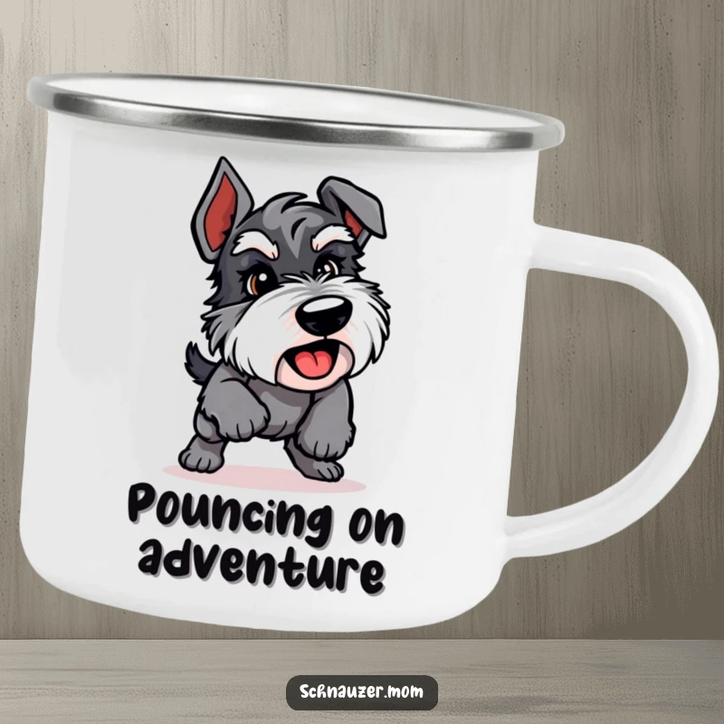 Funny Schnauzer camping mug featuring an energetic dog in a playful pounce, perfect for enjoying drinks during outdoor adventures.