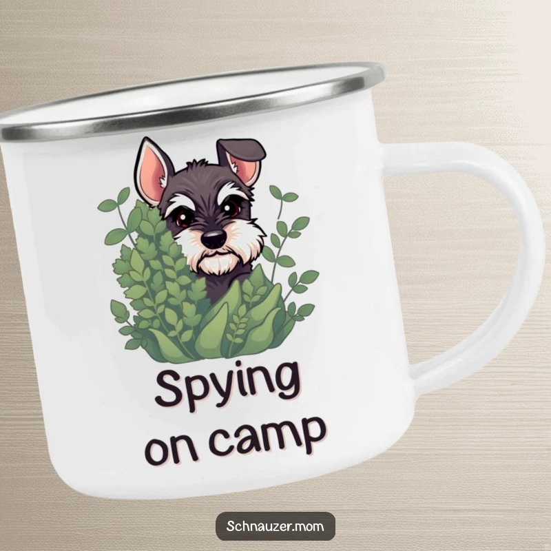 Funny Schnauzer camping mug featuring a dog peeking from behind foliage with a mischievous glint, perfect for outdoor fun.