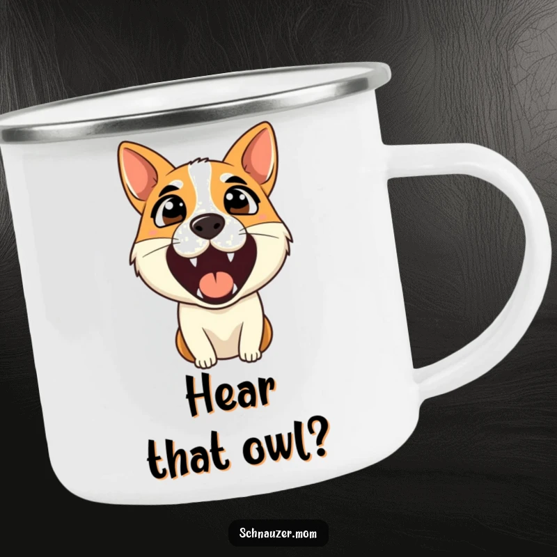 Funny camping mug featuring an alert dog barking, symbolizing watchfulness during outdoor adventures, a great gift.