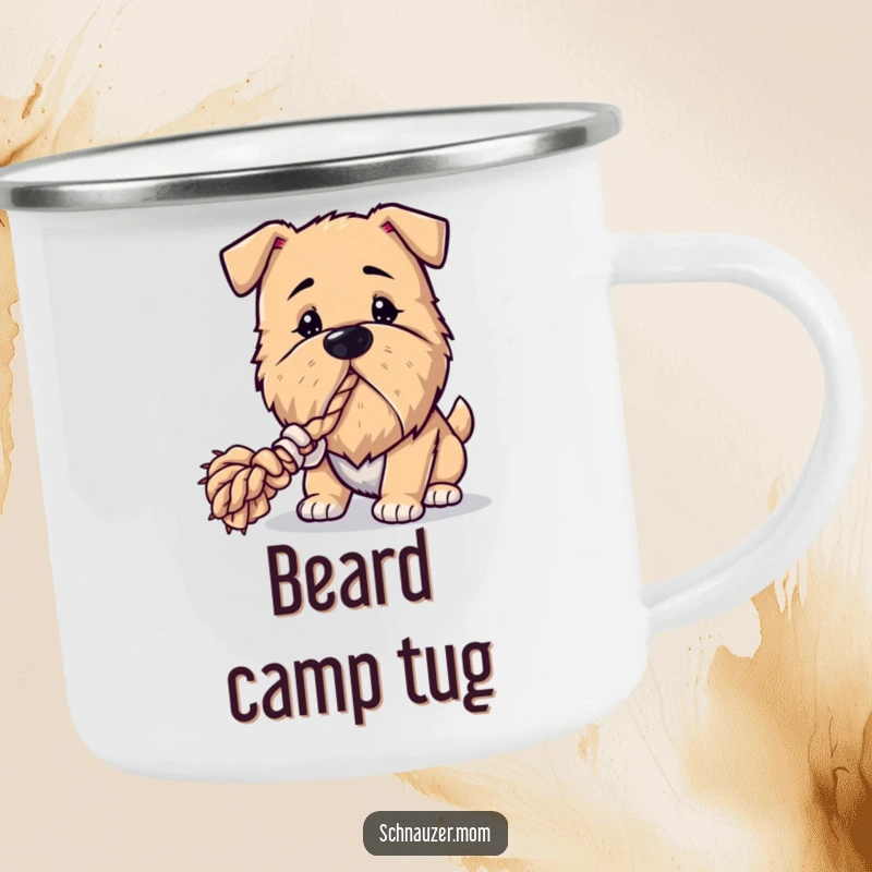 Funny Camping Mug: A dog with a stylish beard playfully tugs on a rope toy, bringing fun to your outdoor experience.