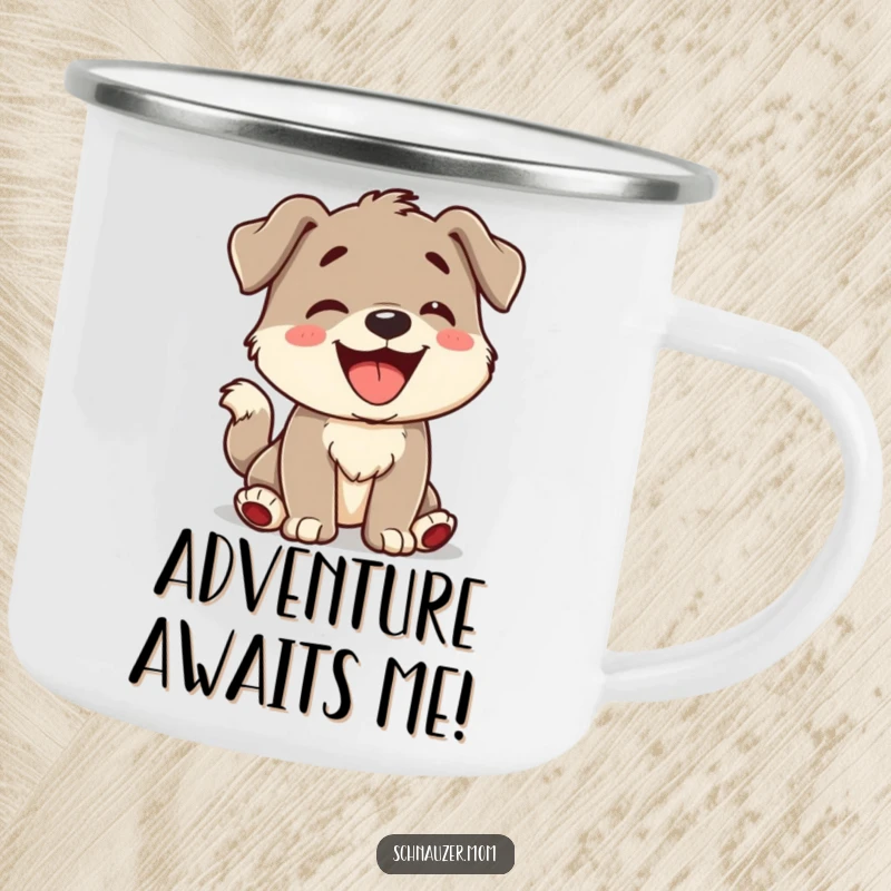 Funny Camping Mug designed with a character barking joyfully with a prominent wagging tail, ideal for enjoying drinks outdoors.