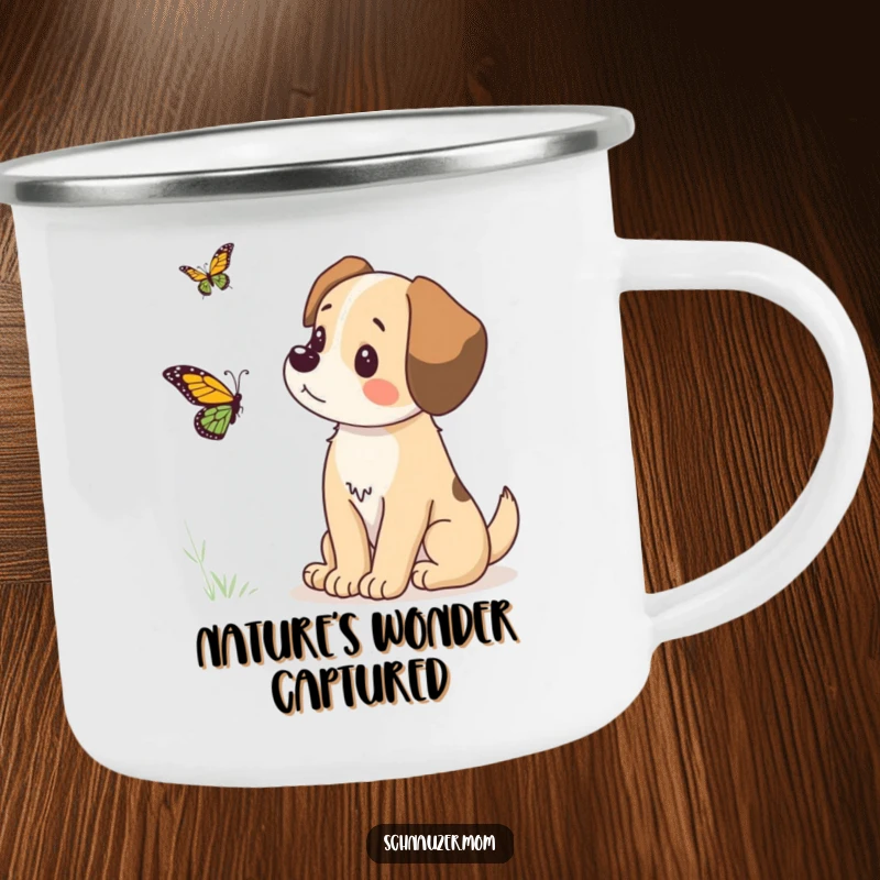 Funny camping mug featuring a dog intently watching a butterfly, designed for outdoor use with a humorous and durable appeal.