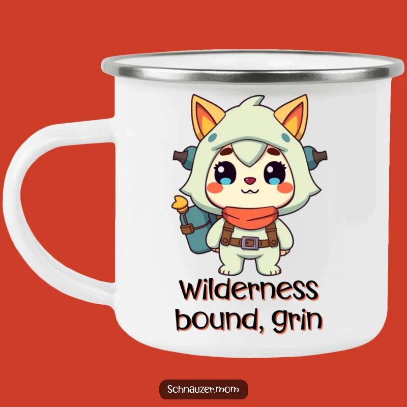 Funny Enamel Camping Mug: Adventure Grinning Character, Perfect Outdoor Gift