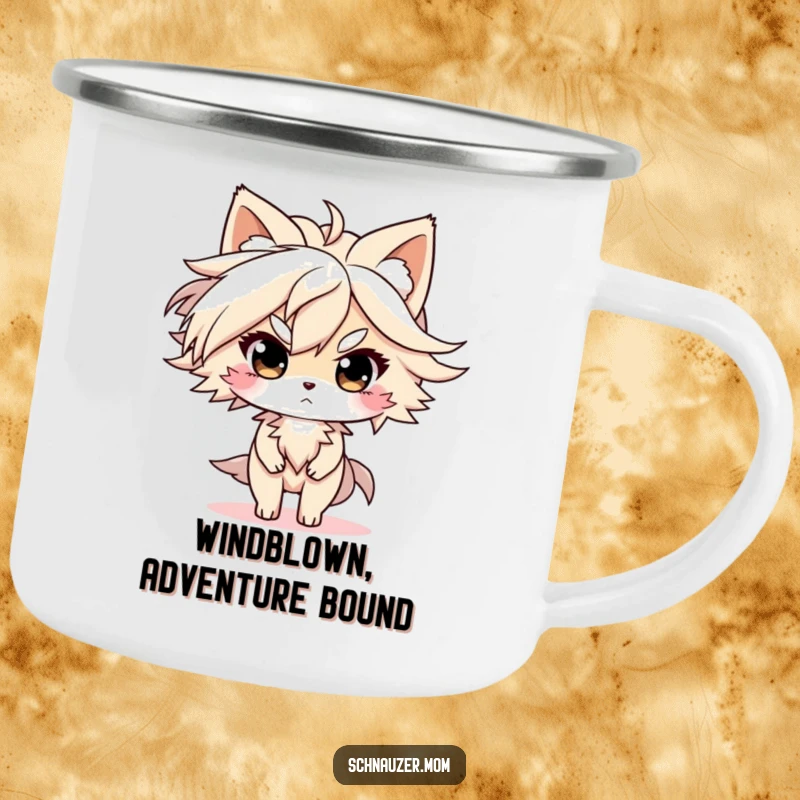 Funny Camping Mug: Durable enamel mug with a character with fur blowing in the wind, looking determined, perfect for outdoor trips, a great funny gift.