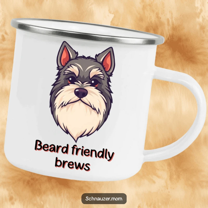 Funny kawaii Schnauzer camping mug, a dog with an impressive, bushy beard, perfect for outdoor adventures, durable and stylish gift.