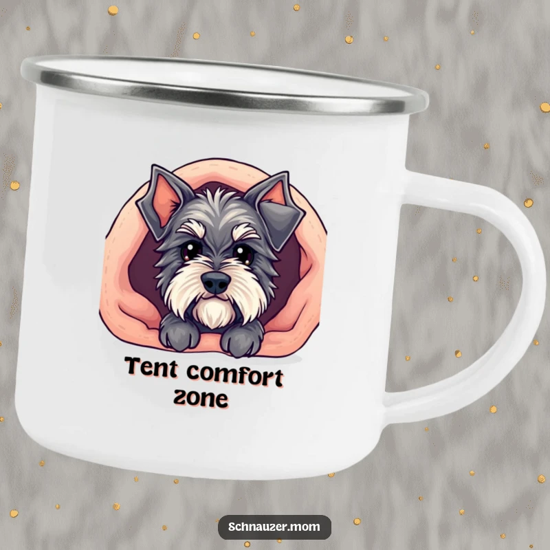 Funny Kawaii Schnauzer camping mug featuring a cute dog peeking from under a cozy blanket, perfect for warm drinks in nature.