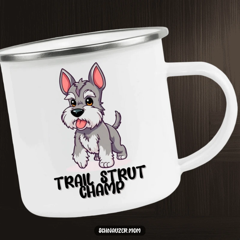 Funny Kawaii Schnauzer camping mug featuring a cute dog performing a proud strut with its stubby tail up, perfect for drinks on the go.