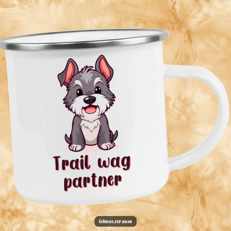 Funny Kawaii Schnauzer camping mug featuring a dog in a comical pose with a cheerful wag, great for outdoor fun.
