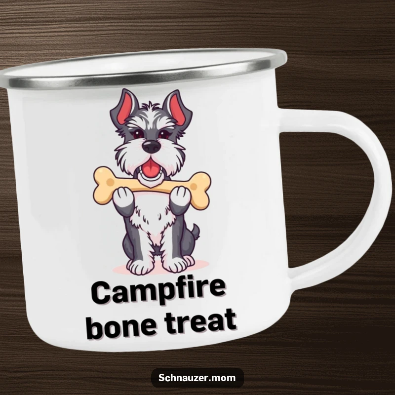 Funny Schnauzer lady camping mug showing a dog proudly carrying its favorite bone, ready for outdoor fun and proud reflections.